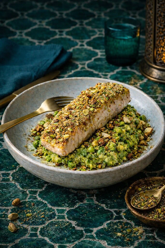 Gegrilde zalm met dukkah op een bedje van erwtenpuree met munt - Recept - AGMJ - G