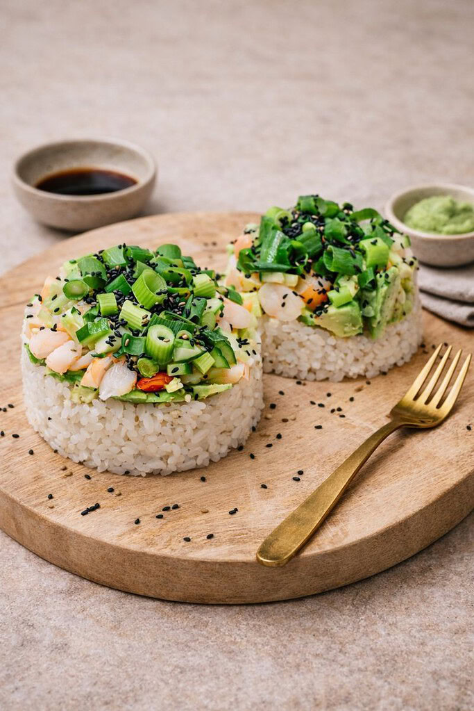 Open sushi met roze garnalen, avocado en lente-ui